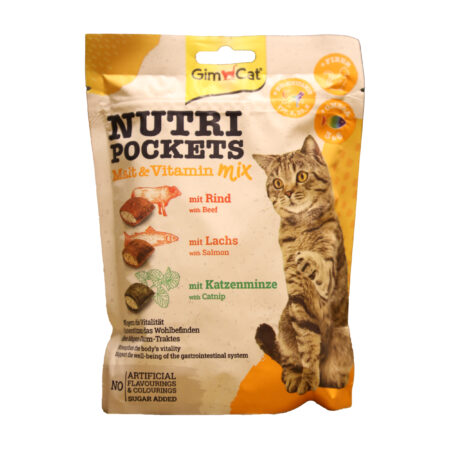اسنک تشویقی گربه جیم کت نوتری پاکت مالت و ویتامین طعم گوشت گاو و سالمون و کت نیپ 150 گرم