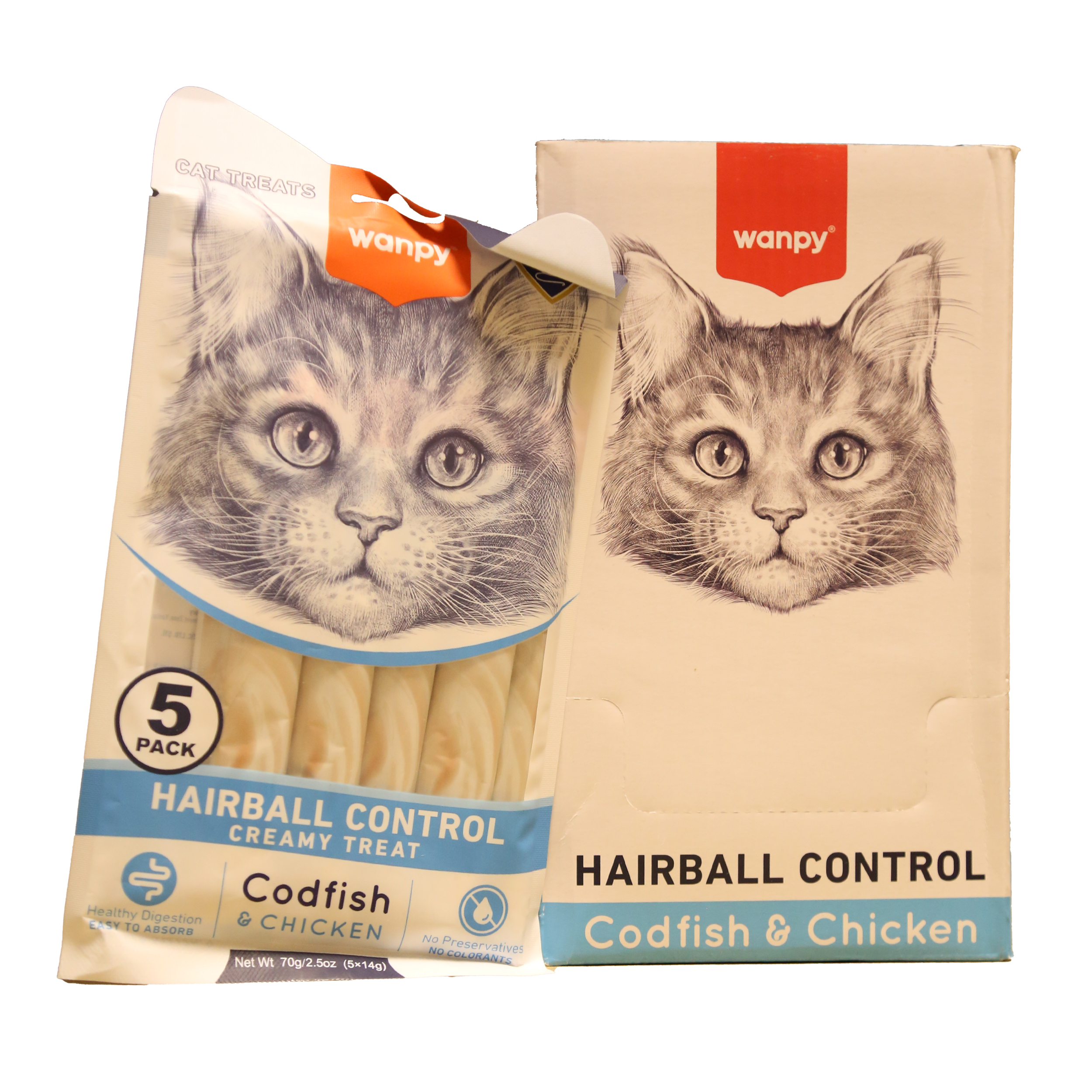 بستنی درمانی گربه ونپی ضد گلوله مویی با طعم مرغ و ماهی کاد Wanpy Hairball Control Creamy Treat بسته 5 عددی